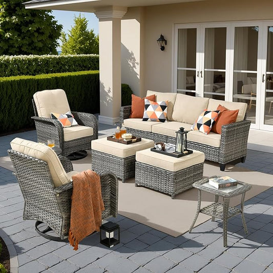 HOOOWOOO Outdoor Patio Furniture Set,6 Pieces Wicker Conversation Set,All Weather Couch Set with Swivel Chairs Ottoman Side Table 7 Seaters for Out Door Yard(Beige)