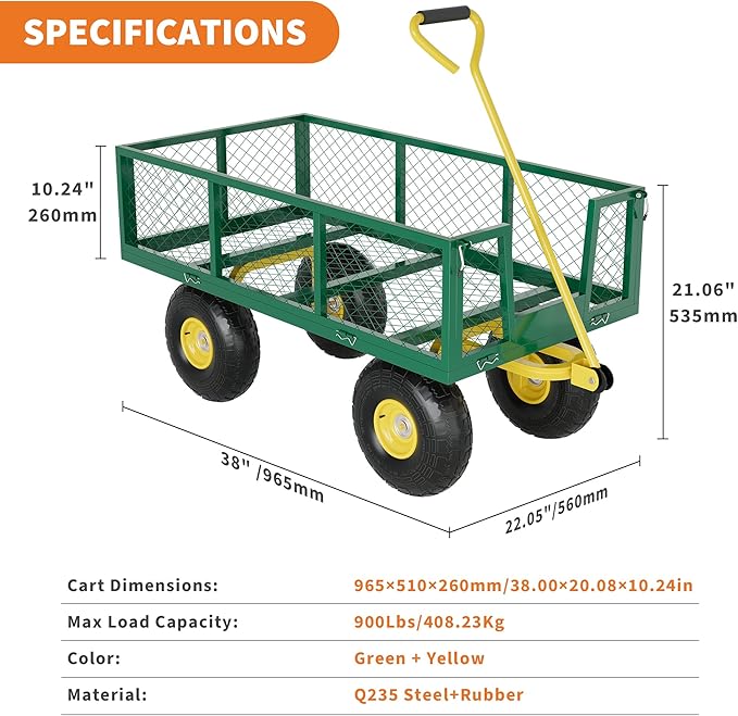 900 Lbs Garden Wagon, 2-in-1 Heavy-Duty Steel Garden Cart, with 10 Inch All-Terrain Tires and Removable Mesh Side Panels, 180° Rotating Handle, Metal Utility Yard Trailer, Outdoor Gardens Wagon Cart