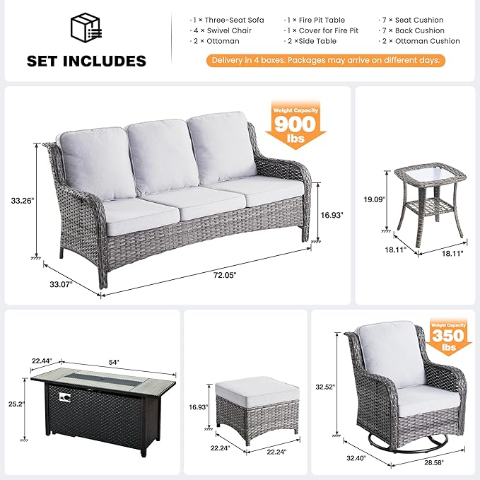 ovios 10 Pieces Patio Furniture Set, Outdoor Wicker Sofa Couch with Swivel Chairs 54" Fire Pit Table, All Weather High Back Modern Conversation Sets, Grey Rattan, Grey