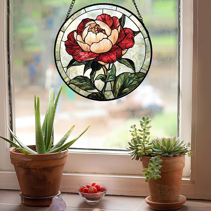 Stained Glass Window Hanging - Peony Suncatcher for Door Garden Home Decor Pink Birth Flower Sun Catcher Christmas Birthday for Friend Lovers Women Mom Nana 9.8 in