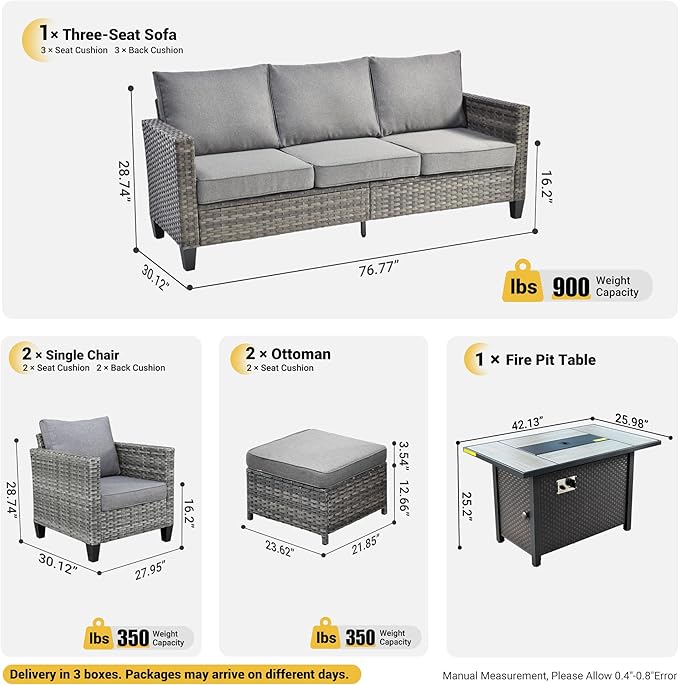 ovios Patio Furniture Set, 6 Pieces Outdoor Wicker Sofa Couch with Fire Pit Table, Ottomans and Comfy Cushions, All Weather High Back Rattan Conversation Set, Dark Grey