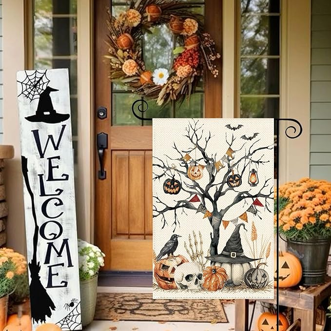 Halloween Black Tree Pumpkin Welcome Garden Flag 12 x 18 Inch Double Sided, Skull Crow Seasonal Burlap Small Yard Flag Farmhouse Holiday Patio Outdoor Outside Decoration
