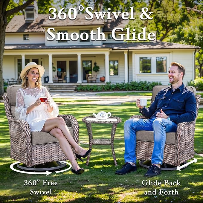 Luxury Outdoor Furniture Set with Swivel Chairs, High Back Swivel Patio Chairs with Ottoman, Side Table & 6-Inch Thick Cushions, Wicker Patio Furniture Set for Porch, Yard, Deck, Poolside, Brown/Grey