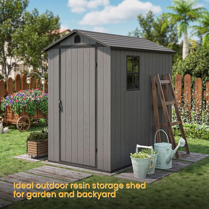 Patiowell 4 x 6 Resin Storage Shed with Floor, Outdoor Plastic Garden Shed with Lockable Door & Window, Easy Assembly Tool Shed for Backyard, Dark Gray