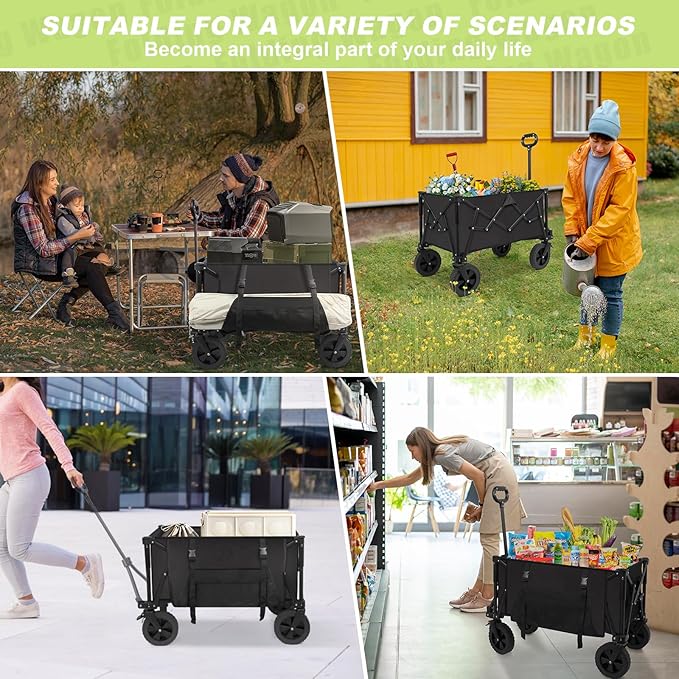 Wagons Carts Foldable Collapsible Wagon Utility Cart 300lbs 130L with Side Pocket and Brakes for Beach Garden Shopping Camping Sports