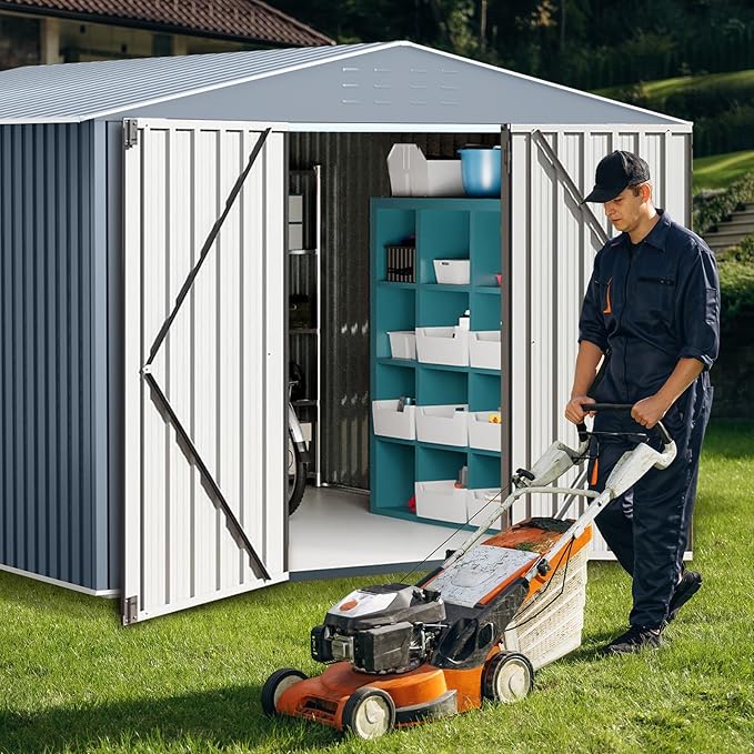 8x12 FT Outdoor Storage Shed,Large Metal Tool Sheds with Updated Frame Structure,Lockable Doors and Air Vents,Outside Garden Storage Shed for Outdoor,Garden Shed for Backyard Garden Patio Lawn