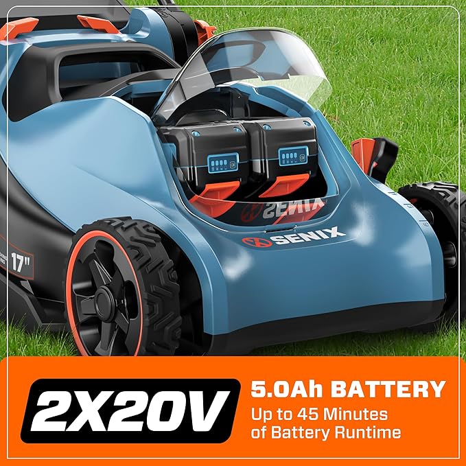 SENIX 40V 17" Electric Lawn Mower, Battery Powered Cordless Lawnmower, 2-in-1 Brushless Walk-Behind Push Mowers, 6 Heights Adjustment, cortadora de pasto, Includes 2x5Ah Batteries & Charger, LPPX2-M5