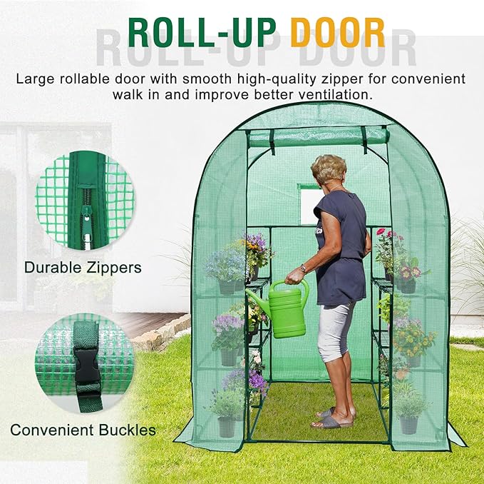 EAGLE PEAK 3-Tier Walk in Portable Greenhouse with 8 Wire Shelves, Indoor and Outdoor Garden House with Roll Up Zipper Door and Windows, Easy Set Up, 56.3"x56.3"x76.8", Clear/Green PE Cover