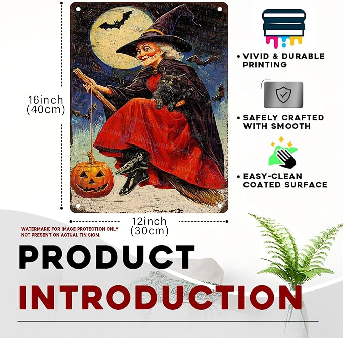 Witch Flying Broom Vintage Sign Halloween Cat Metal Tin Sign Full Moon Bat Pumpkin Poster 12x16inch