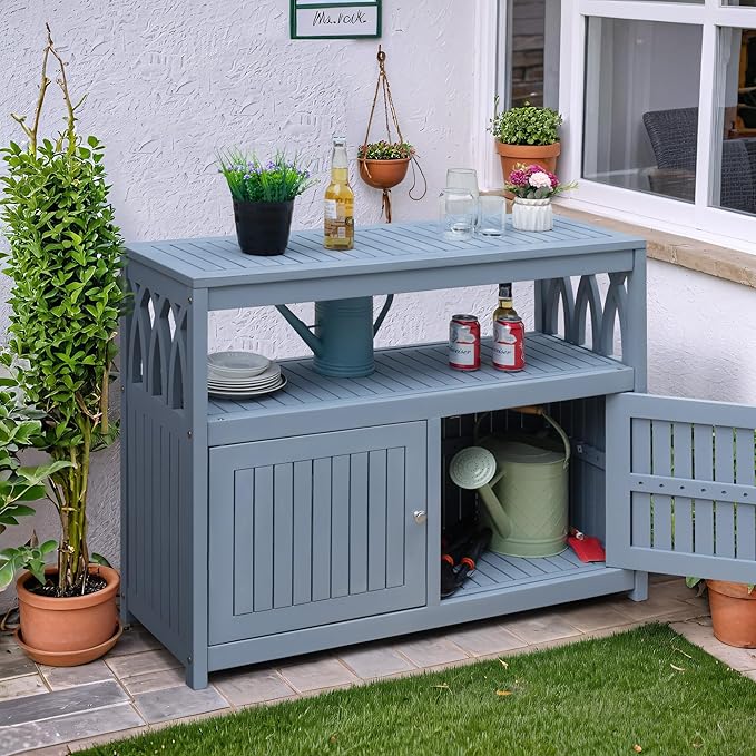 Flamaker Acacia Wood Cabinet with 2 Magnetic Doors - Weatherproof Outdoor Storage, Buffet, TV Stand, Bar, Potting Table (Grey)