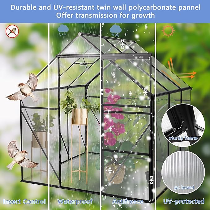 6X6 FT Polycarbonate Greenhouse, All Season Heavy Duty Walk-in Garden Plants Green House for Outdoor Backyard, Raised Base and Anchor Aluminum, Black
