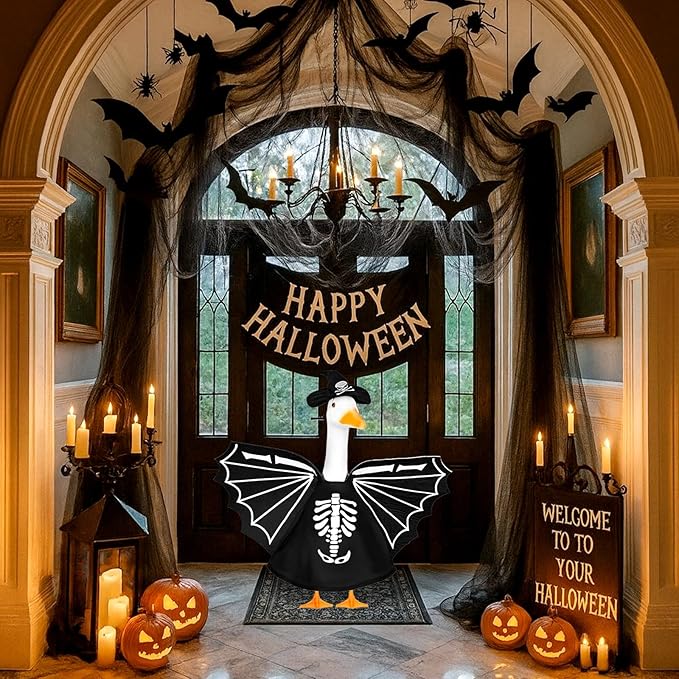 Halloween Bat Porch Goose Outfits 23inch Plastic Cement Skeleton Goose Statue Costume, Fall Lawn Geese Sculpture Clothes for Garden Yard Patio Party Decoration