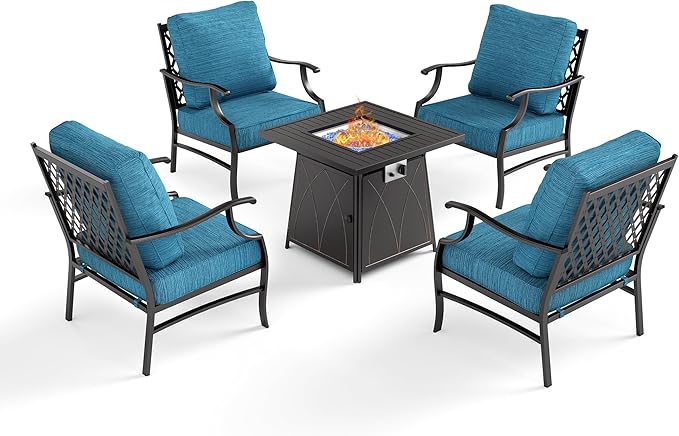 5 Piece Metal Outdoor Patio Furniture Set with Fire Pit Table, Patio Conversation Sets 4 Fixed Chairs with 5.75" Thick Cushion and 5000 BTU Fire Pit Table, Backyard Furniture, Blue-2