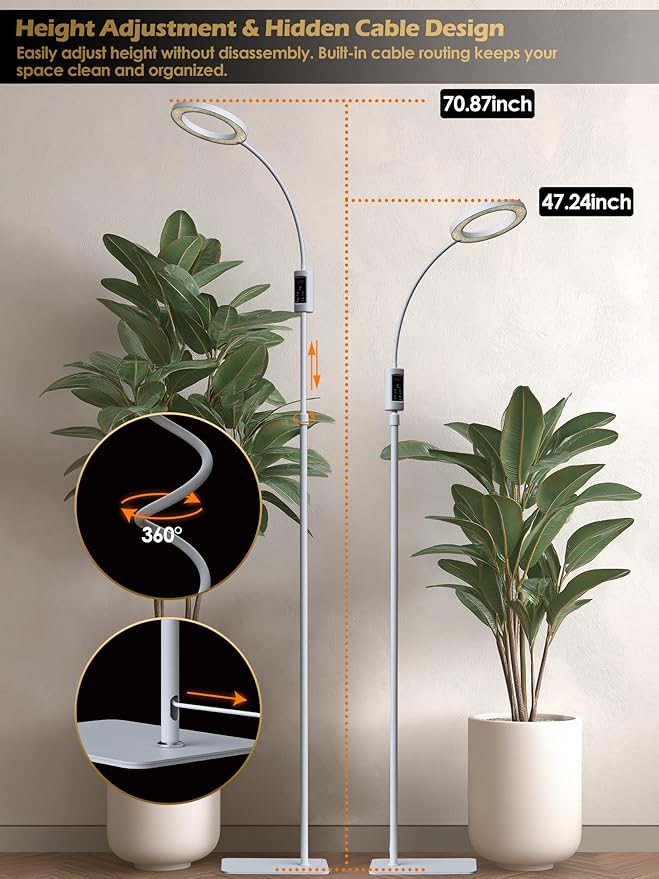 Smart Grow Lights for Indoor Plants,24W Plant Light with Auto-Timer,Full Spectrum LED Grow Light, Adjustable Height & Stepless Dimming,Plant Assistant Suitable for Most Plants (White, 24W)