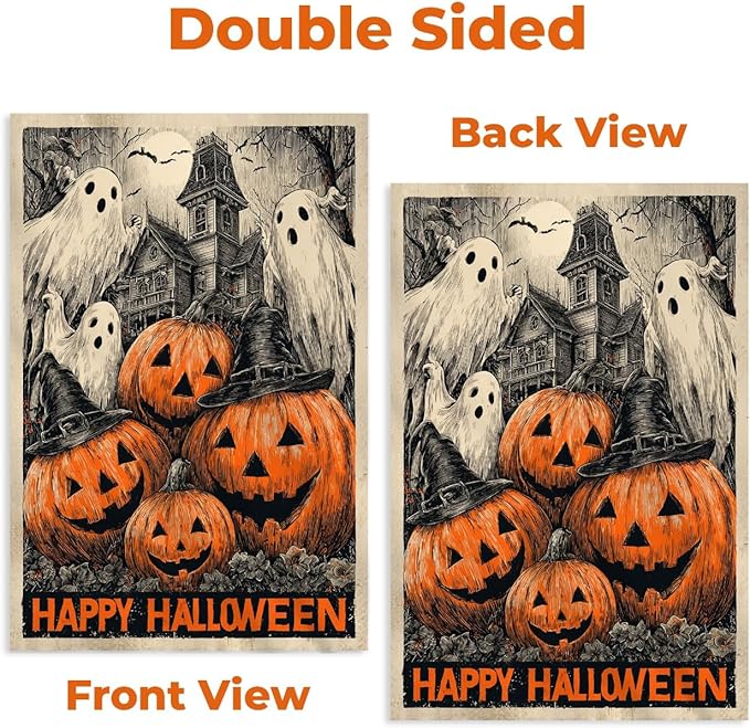 Halloween Garden Flag 12x18 Double Sided – Happy Halloween Flag for Outside, Spooky Ghosts, Pumpkins & Haunted House Yard Flag Decor for Fall Outdoor Display