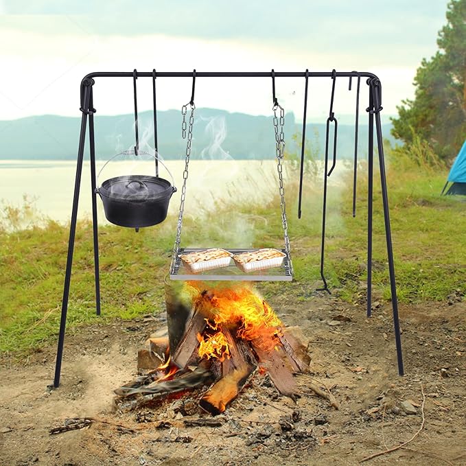 Lineslife Grill Swing Campfire Cooking Stand with Adjusatble Stainless Steel Grill Grate, Collapsible BBQ Grill with Hooks and Accessories for Outdoor Camping Cookware & Dutch Oven