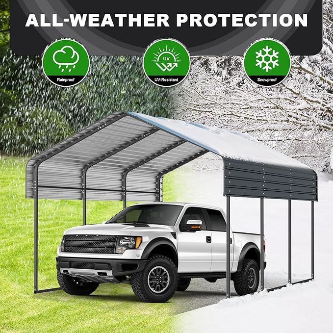 10x15 FT Metal Carport, Heavy Duty Car Port with Galvanized Metal Roof, Outdoor Garage Car Shelter Shade for Car, Boats and Truck (Dark Gray)