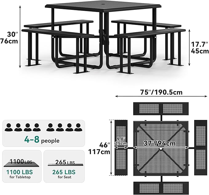 YITAHOME Metal Picnic Table, Powder Coated Outdoor Picnic Table with Heavy-Duty Steel Frame, Adjustable Seats & Umbrella Hole for Yard, Patio, Lawn, Party, Black, Square