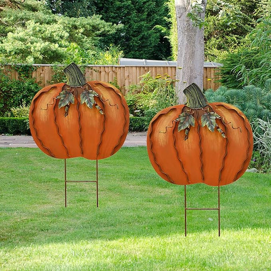 Metal Pumpkin Garden Stakes - Autumn Decorative Yard Signs - Indoor Outdoor Plant Flower Stake Fall Lawn Ornaments Pumpkin Decoration for Harvest Halloween (17.5" x2-A)