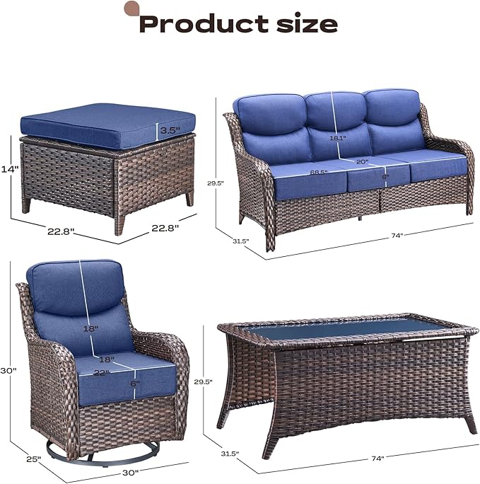 Wicker Outdoor Patio Furniture Set - 6 Piece Patio Conversation Sets with Swivel Rocker Chairs, Ottomans, Sofa and Coffee Table, 6 inch Cushions, Deep Seating, for Porch Deck Brown/Blue