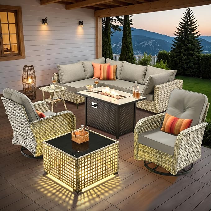 Outdoor Sectional Patio Furniture Set with Swivel Rocking Chairs,9 Pieces Wicker Conversation Sets L Shaped Couch Out Door Sofa Set Outside Furniture for Garden Deck Yard Porch,Dark Grey