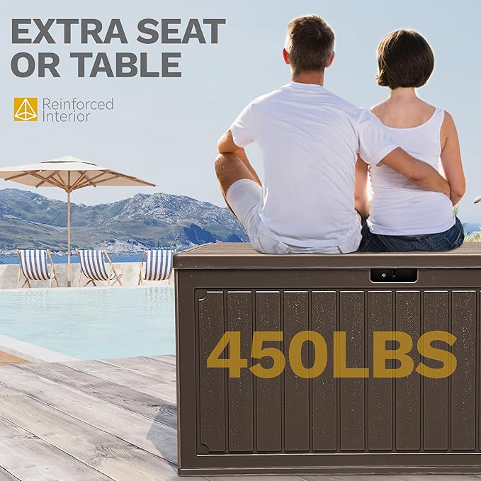 DWVO 90 Gallon Resin Outdoor Storage Box, XXL Double-Wall Waterproof Deck Box, Doubles as Table or Seating with 450 lbs Capacity, Lockable (Brown)