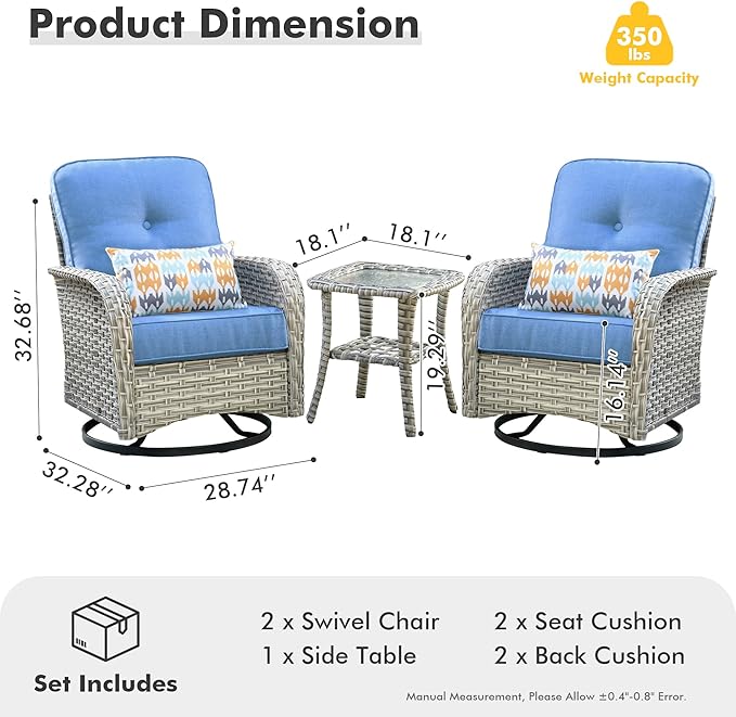 HOOOWOOO Outdoor Patio Bistro Set,3 Pieces Wicker Out Door Swivel Rocking Chair with Matching Side Table,Patio Furniture Sets,Blue