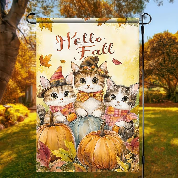 Fall Garden Flag 12x18 Inch Hello Fall Kitten Yard Banner Autumn Cat Outdoor Flag with Pumpkins and Leaves Double Sided Tabby Cat Seasonal Decor for Porch Lawn Thanksgiving