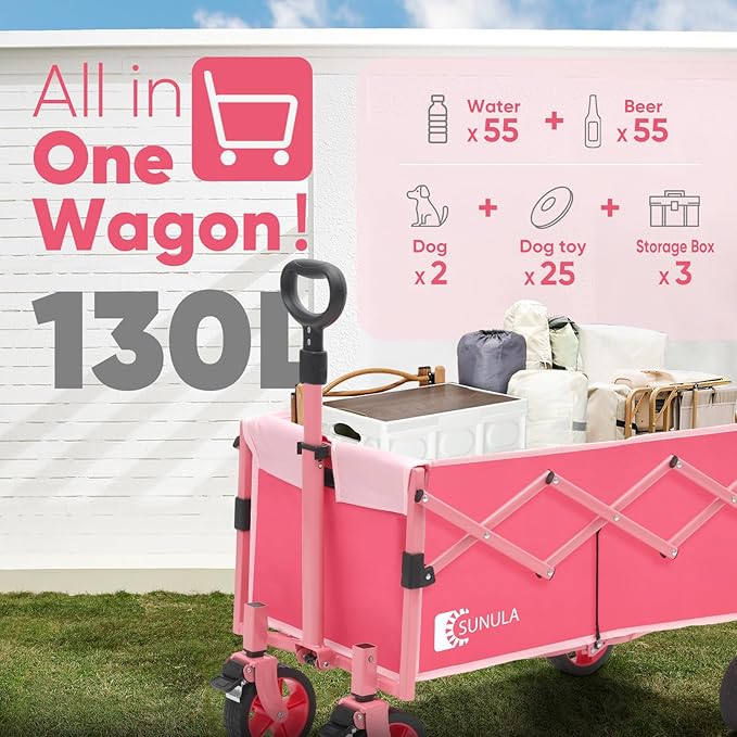 Wagon with Brakes, Foldable Cart with 220LBS Capacity, Utility Lightweight Wagon, Collapsible Grocery Shopping Cart for Camping Sports & Holiday.Pink