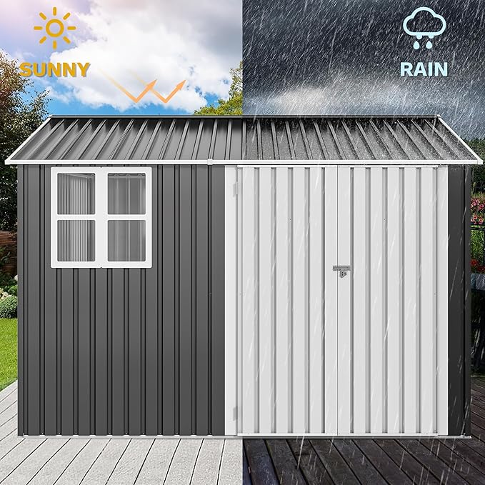 DWVO 10' x 8' Outdoor Storage Shed, Waterproof Metal Garden Shed with Windows, Lockable Doors, and Sloped Roof for Patio, Backyard, Lawn, Tool Storage, Bike Shed, Pet Shelter (Gray + White)