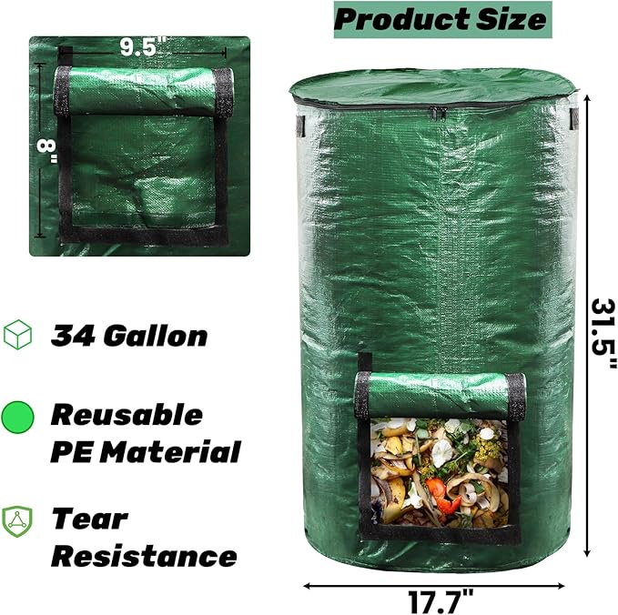 4 Pack 34 Gallons Reusable Yard Waste Bags, Leaf Lawn Collector Containers with Lid and Handles, Heavy Duty Collapsible Compost Bins with Bottom Window for Outdoor Debris Wet Leaves Grass