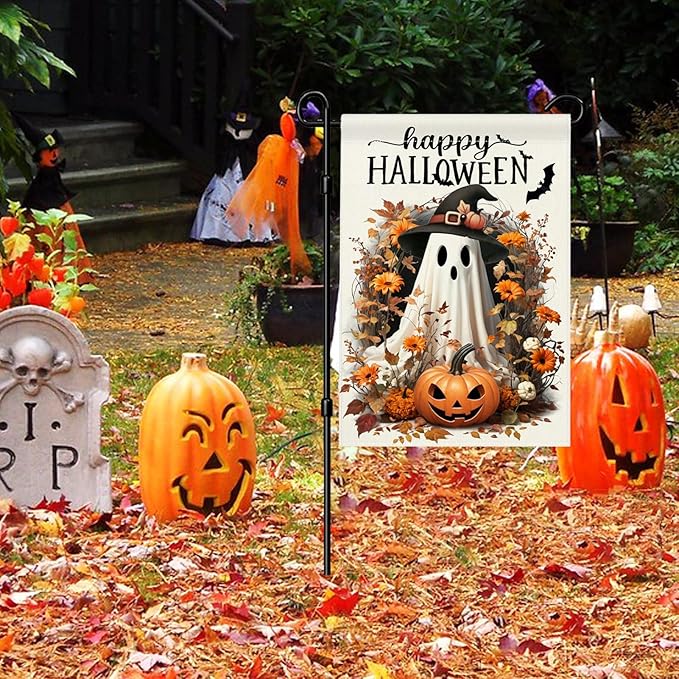 Happy Halloween Garden Flag 12x18 Double Sided Small Burlap Ghost Jack-o'-lantern Bat Yard Outdoor Decorative Flag