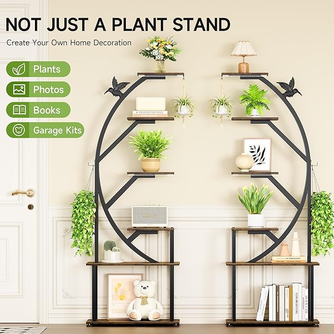 Plant Stand Indoor with Grow Lights, 62" Metal Plant Stand for Indoor Plants, 6 Tiered Tall Plant Shelf with Magnetic Cable Organizers and Decorative Bird, 2 Pcs Plant Holder for Patio, Living Room