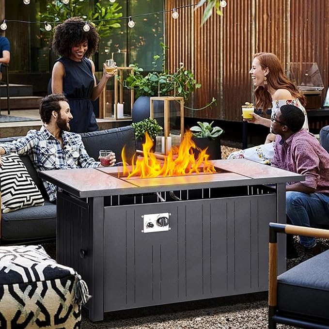 47" Propane Fire Pit Table with Real Ceramic Tabletop, 50000 BTU Gas Firepit Table with Lid & Glass Rock, Outdoor Fire Pit for Dining or Party, Firepit for Outside, Patio