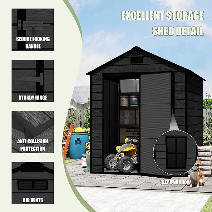 Outdoor Storage Shed 6x6 FT, Resin Shed with Floor, Waterproof Plastic Garden Bike Shed with Lockable Door, Sloped Roof, Vents & Windows, Tool Shed for Patio, Backyard, Lawn (Wood Grain Black, 6X6ft)