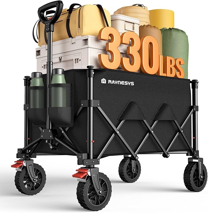 Wagons Carts Foldable, Collapsible Foldable Wagon 330lbs Capacity, Large Capacity Wagon Cart with All-Terrain Wheels,Heavy Duty Utility Wagon Cart with Brakes for Camping Shopping Sports