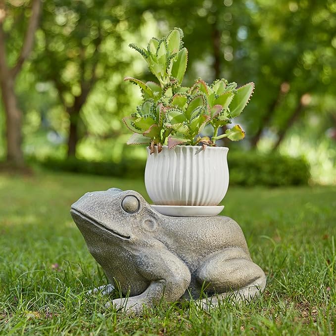 Glitzhome MGO Frog Garden Statue or Planter Stand Indoor and Outdoor Decoration, 15.25" L