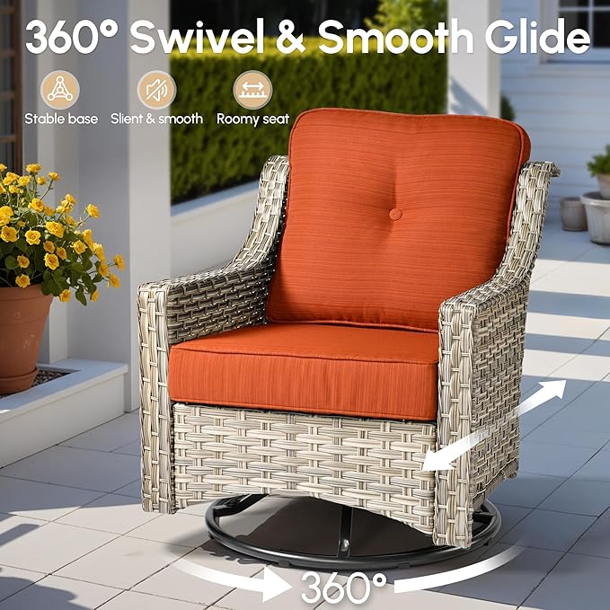 5 Pieces Patio Outdoor Furniture Set with Swivel Rocking Chairs,All Weather Wicker Rattan Patio Seating Sofa and Chair Set w/Glowing Table,Outdoor Conversation Sets for Deck Yard Garden,Orange Red