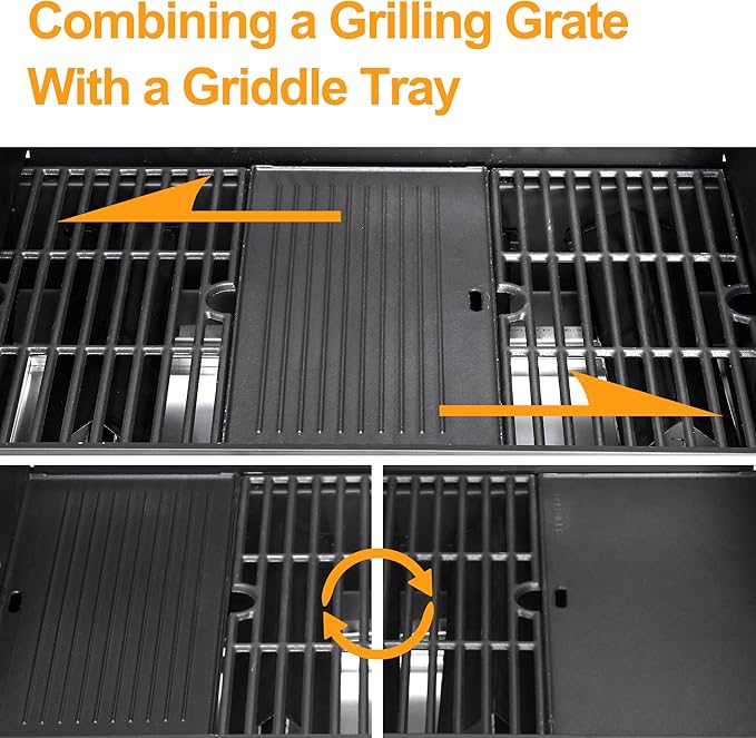 4 Burner Propane Gas BBQ Grill with Side Burner - 46890 BTU Output Stainless Steel Grill with Enameled Cast Iron Cooking Grid Side Table for Outdoor Backyard Patio Barbecue