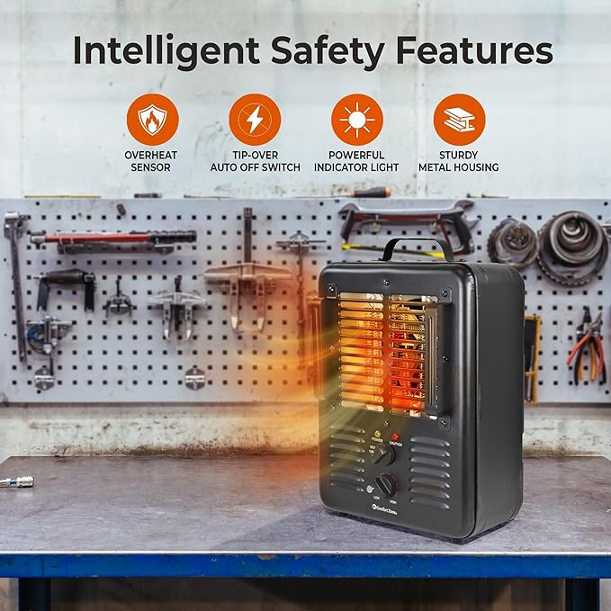 Comfort Zone Electric Portable Utility Space Heater with Adjustable Thermostat, Overheat Protection, & Tip-Over Switch, 1500W, CZ799BK