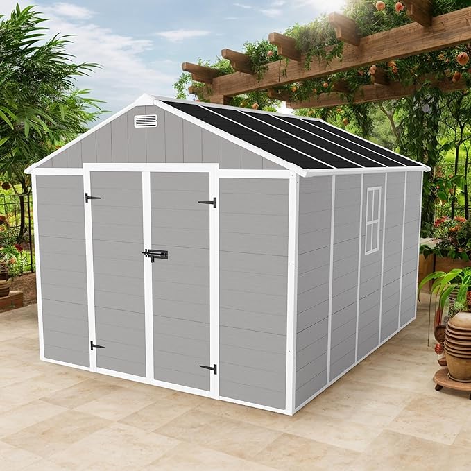 Resin Storage Shed 10x8 ft, Large Garden Shed with Floor, HD Window, Lockable Doors and Vents, 12mm Thick pp Board, Outdoor Storage Sheds for Backyard Patio (Gray, 10 * 8ft)