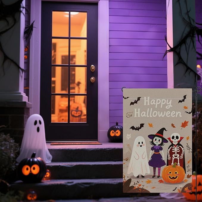 Halloween Garden Flag 12x18 Inch Double Sided, Outdoor Burlap Yard Decor for Porch, Patio, Holiday Decorations, Khaki