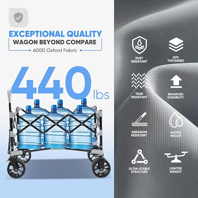 Collapsible Wagon Cart with 440lbs Weight Capacity, Heavy Duty Foldable Wagon with Big All-Terrain Wheels & Drink Holders, Utility Carts for Camping, Garden, Outdoor, Grocery, Sports. Gray