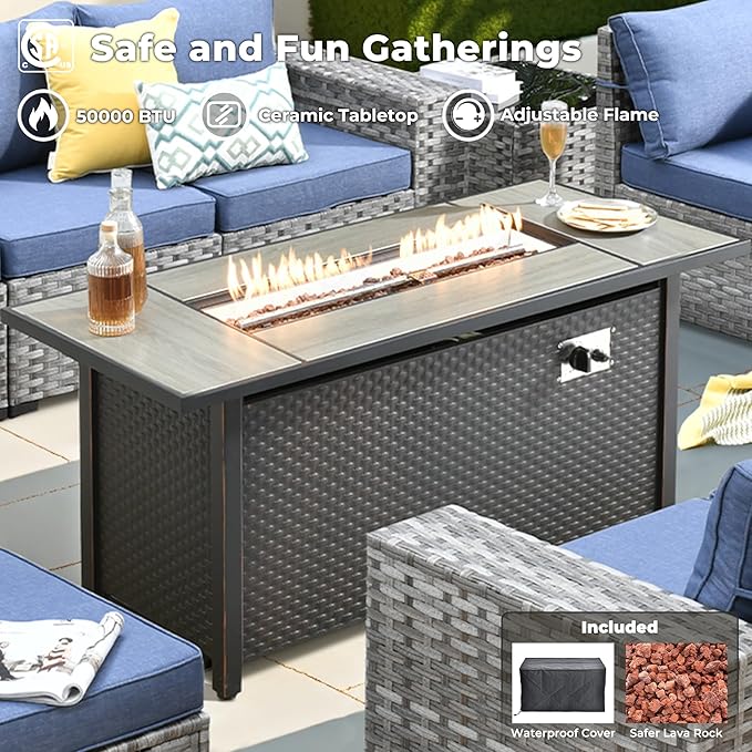 ovios 13 Pieces Patio Furniture Set, Outdoor Wicker Sectional Sofa with 54 Inch Fire Pit Table Comfy Cushions, Modern Modular Deep Seat Rattan Couch Conversation Set, Denim Blue