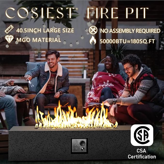 COSIEST 56-inch x 28-inch Outdoor Propane Fire Pit Coffee Table w Concrete Rectangle Base, 50,000 BTU, Free Lava Rocks and RainCover, Fits 20lb Tank Outside, Gray