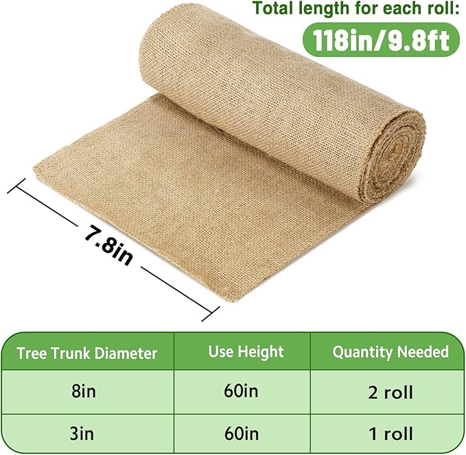 ANPHSIN Natural Burlap Tree Wraps - 7.8in × 9.8ft Winter Burlap Rolls, Tree Trunk Guard Wrap, Plants Antifreeze Bandage to Protect Bark & Keep Plants Warm, 2 Rolls