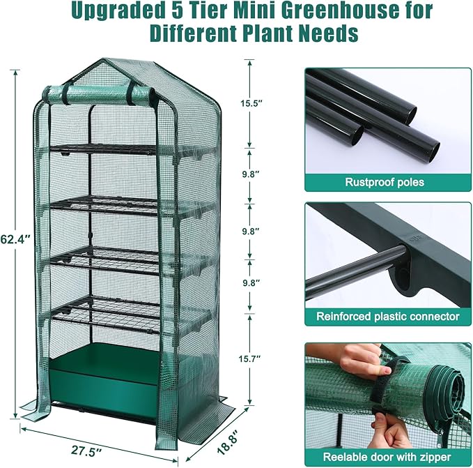 Mini Greenhouse for Indoor Outdoor, 5 Tier Shelves Rack Small Green House Heavy Duty with Waterproof Mat, Portable Plants Seedling Supplies Durable PE Plastic Cover with Tape, Gardening Gifts