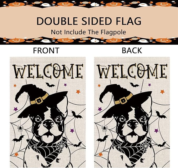 Halloween Garden Flag Boston Terrier Cobweb Bats Double Sided Vertical Welcome Flag Holiday Outdoor Yard Lawn Decorations 12.5 x 18 Inch