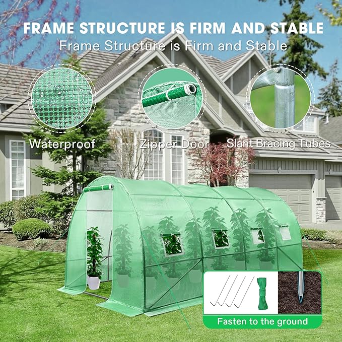 VIVOSUN 13x10x7 Ft. Large Walk in Greenhouse, Greenhouse Tunnel, Garden Plant Hot House with Green PE Cover, Roll-up Zipper Door and Window for Outdoor