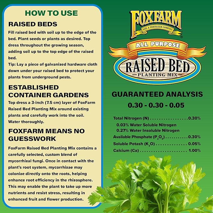 FoxFarm Raised Bed Planting Mix, 1.5cu ft - All-Purpose Garden Soil with Earthworm Castings & Oyster Shell - Ready-to-Use Blend for Vegetables, Flowers, Fruits & Herbs